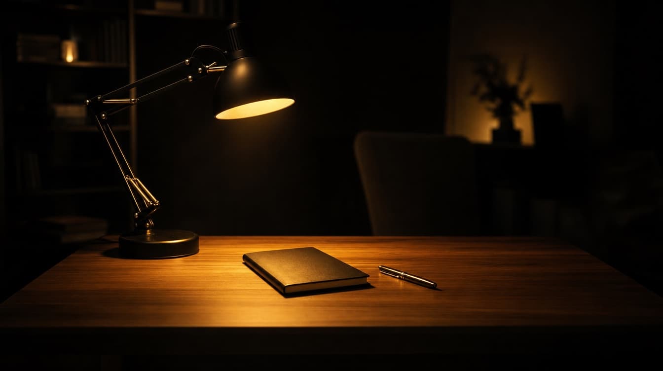 Un flexo encendido sobre un escritorio ordenado en una casa a oscuras, de noche