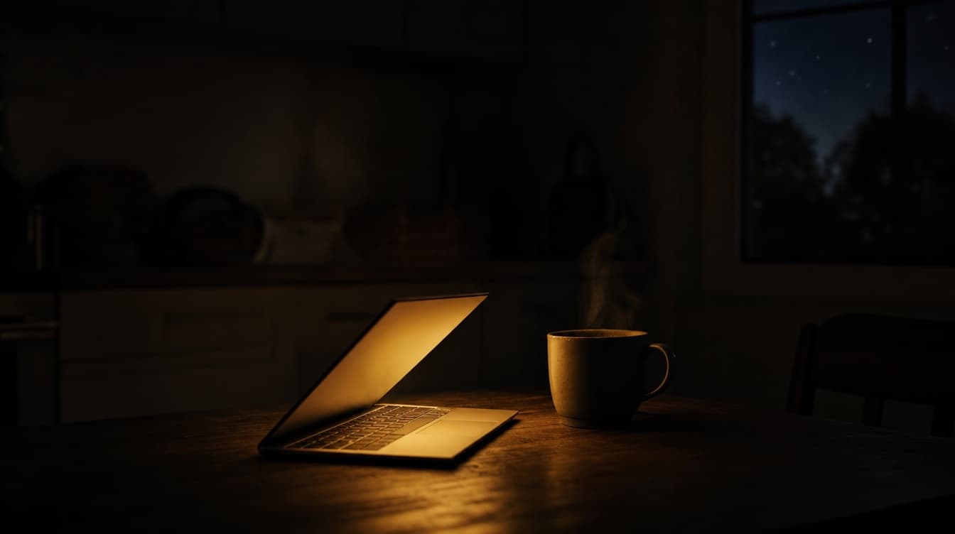 Un portátil entreabierto brillando en dorado junto a una taza de café en una cocina a oscuras de madrugada