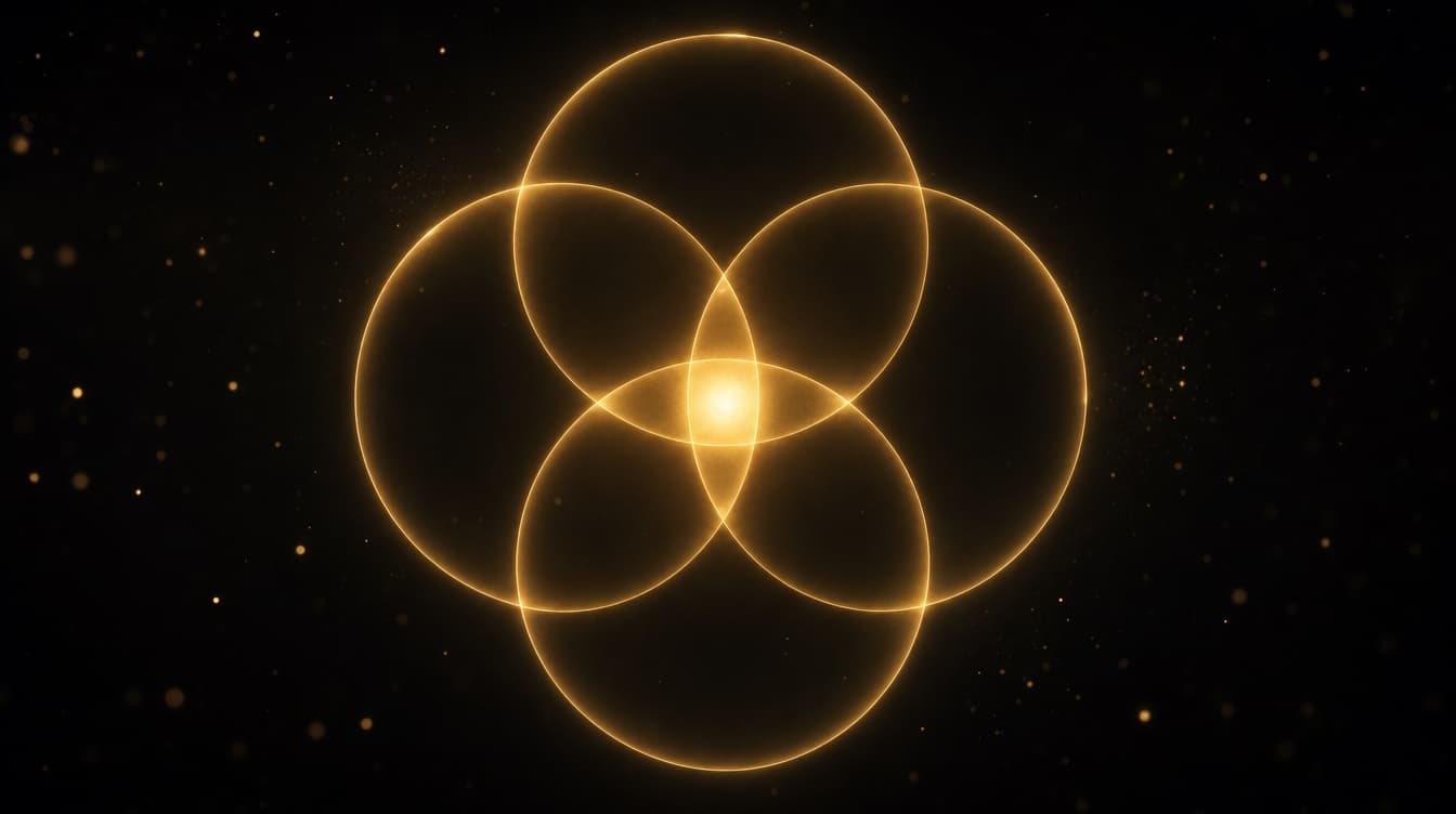 Cuatro círculos de luz dorada entrelazados sobre fondo negro, con su intersección central brillando