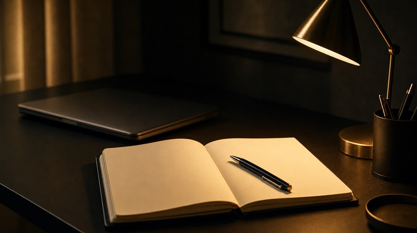 Un portátil cerrado en la sombra y en primer plano una libreta abierta en blanco iluminada por una lámpara dorada