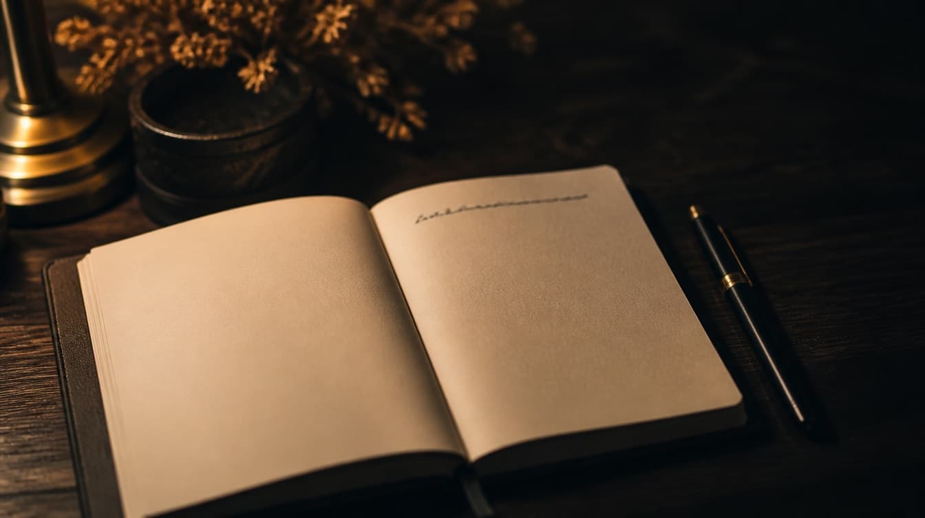 Una libreta abierta con una sola línea escrita, iluminada por una luz dorada sobre una mesa oscura