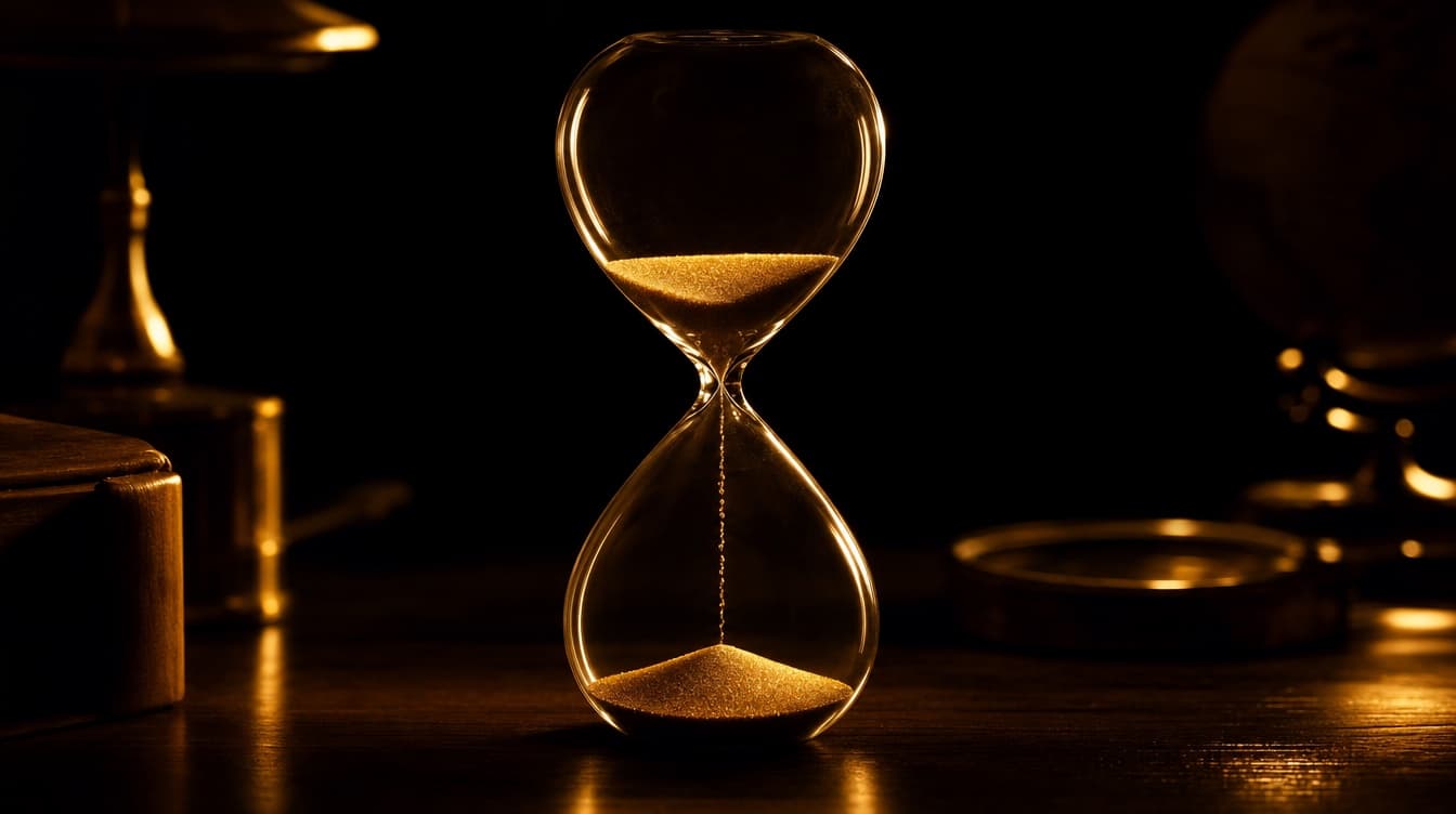 Un reloj de arena con arena dorada cayendo, iluminado por luz cálida sobre un escritorio oscuro